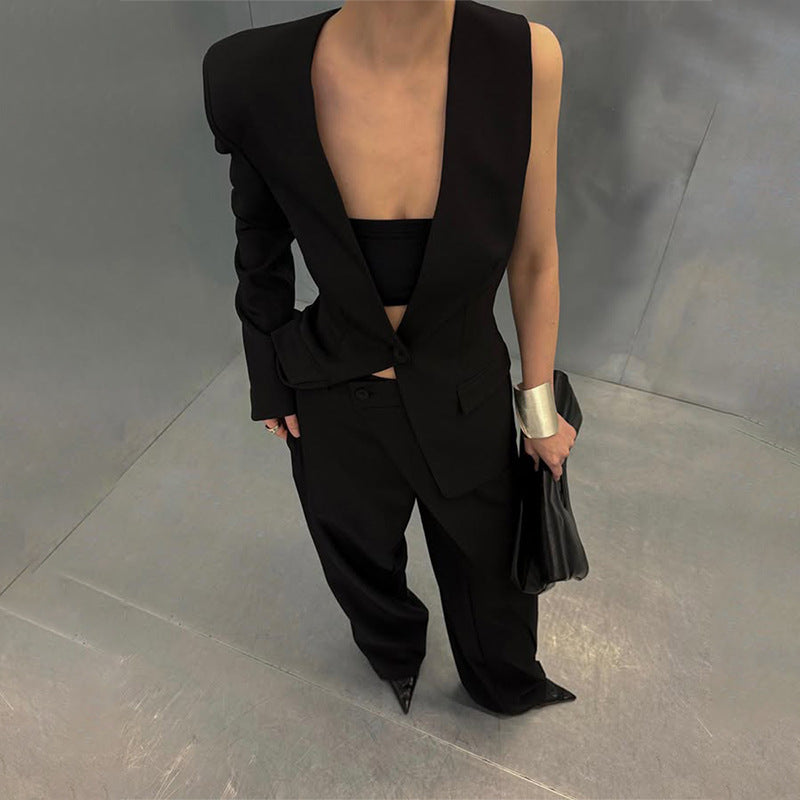 Asymmetrical black pantsuit from Gorgeous Wide Leg Pants Two Piece Sets for elegant fashion