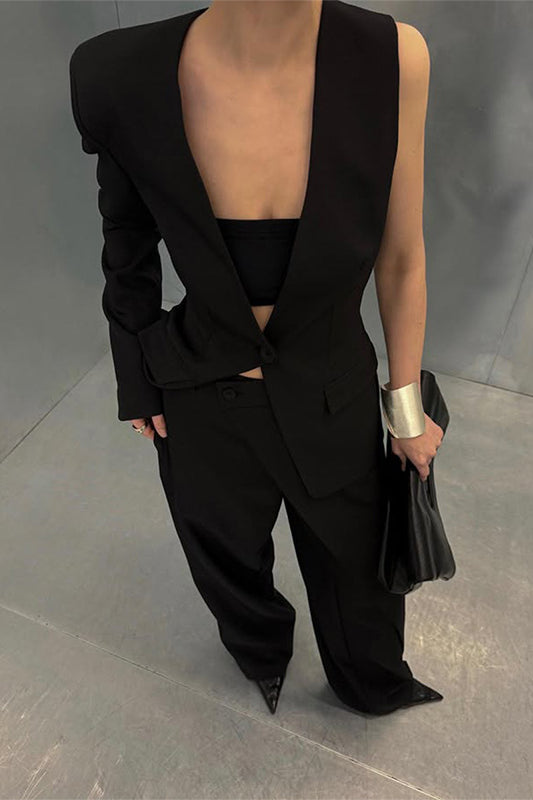 Asymmetrical black pantsuit from Gorgeous Wide Leg Pants Two Piece Sets in trendy fashion