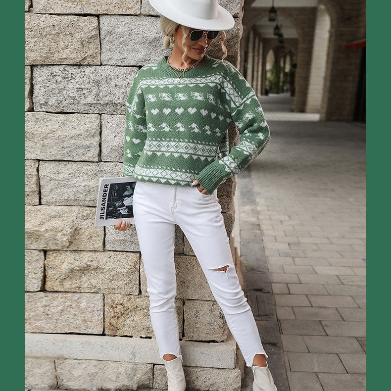 TRENDY ROUND NECK RED KNITTED CHRISTMAS SNOWFLAKE SWEATER-VETEMENTS