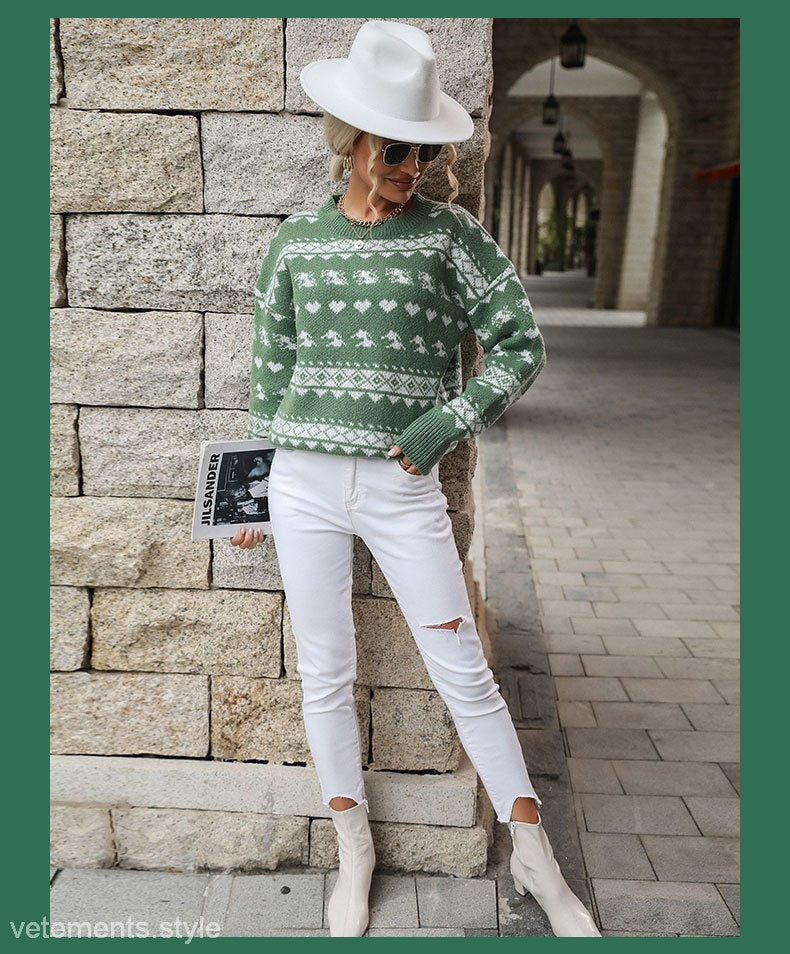 TRENDY ROUND NECK RED KNITTED CHRISTMAS SNOWFLAKE SWEATER-VETEMENTS