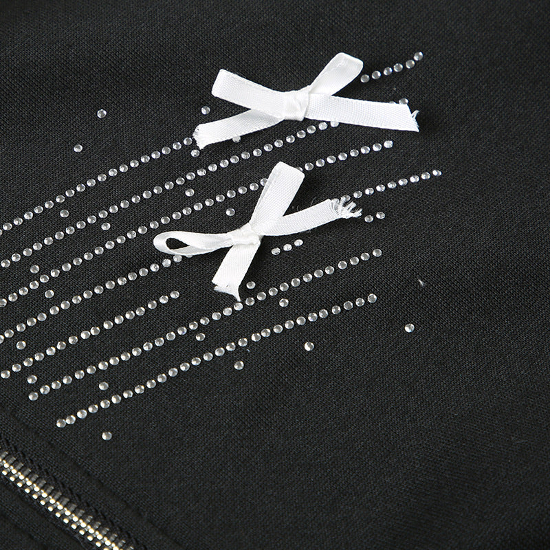 Elegant black Retro Five Pointed Star Element Fur Collar Coat with rhinestones and satin bows