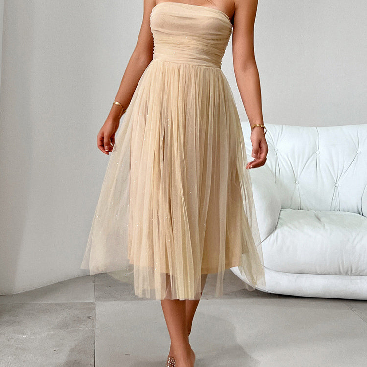 Strapless champagne tulle midi dress, perfect for elegant events in langry fashion ملابس