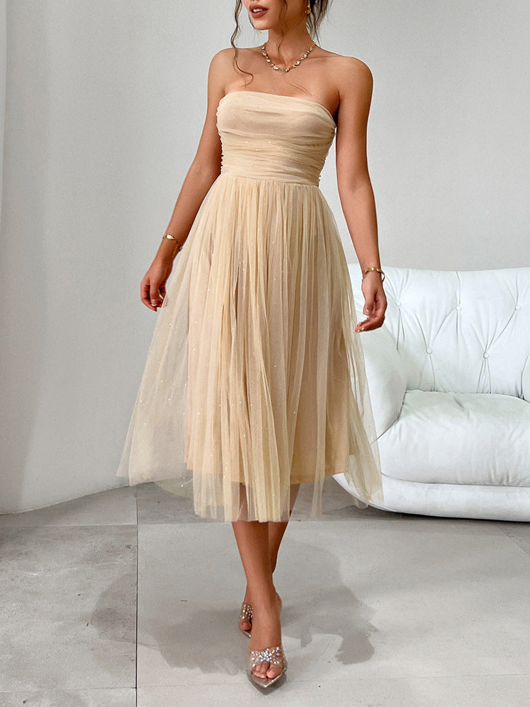 Strapless champagne tulle midi dress, perfect for elegant events in langry fashion ملابس