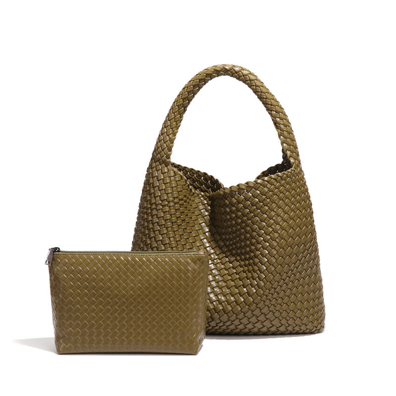 Olive green woven handbag and pouch, perfect for fashion enthusiasts and ملابس styling