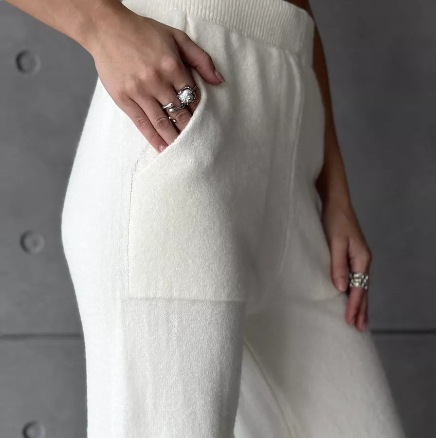 Cream-colored wide-legged knit pants from the High Collar Zipper Knitted Sweater Suit fashion