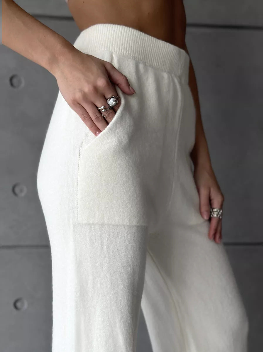 Cream-colored wide-legged knit pants from the High Collar Zipper Knitted Sweater Suit fashion