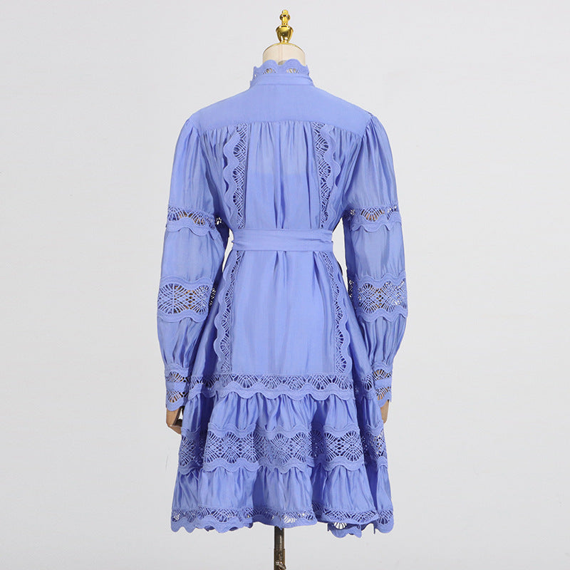 Periwinkle long-sleeved lace-trimmed dress from Elegant French Vintage Dress fashion ملابس