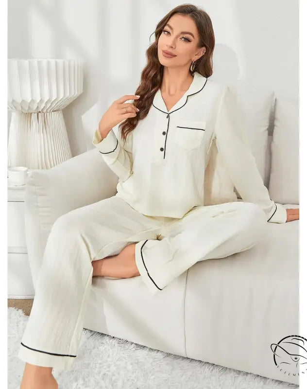 Women’s cream long-sleeve langry pajama set with black piping, fashion ملابس