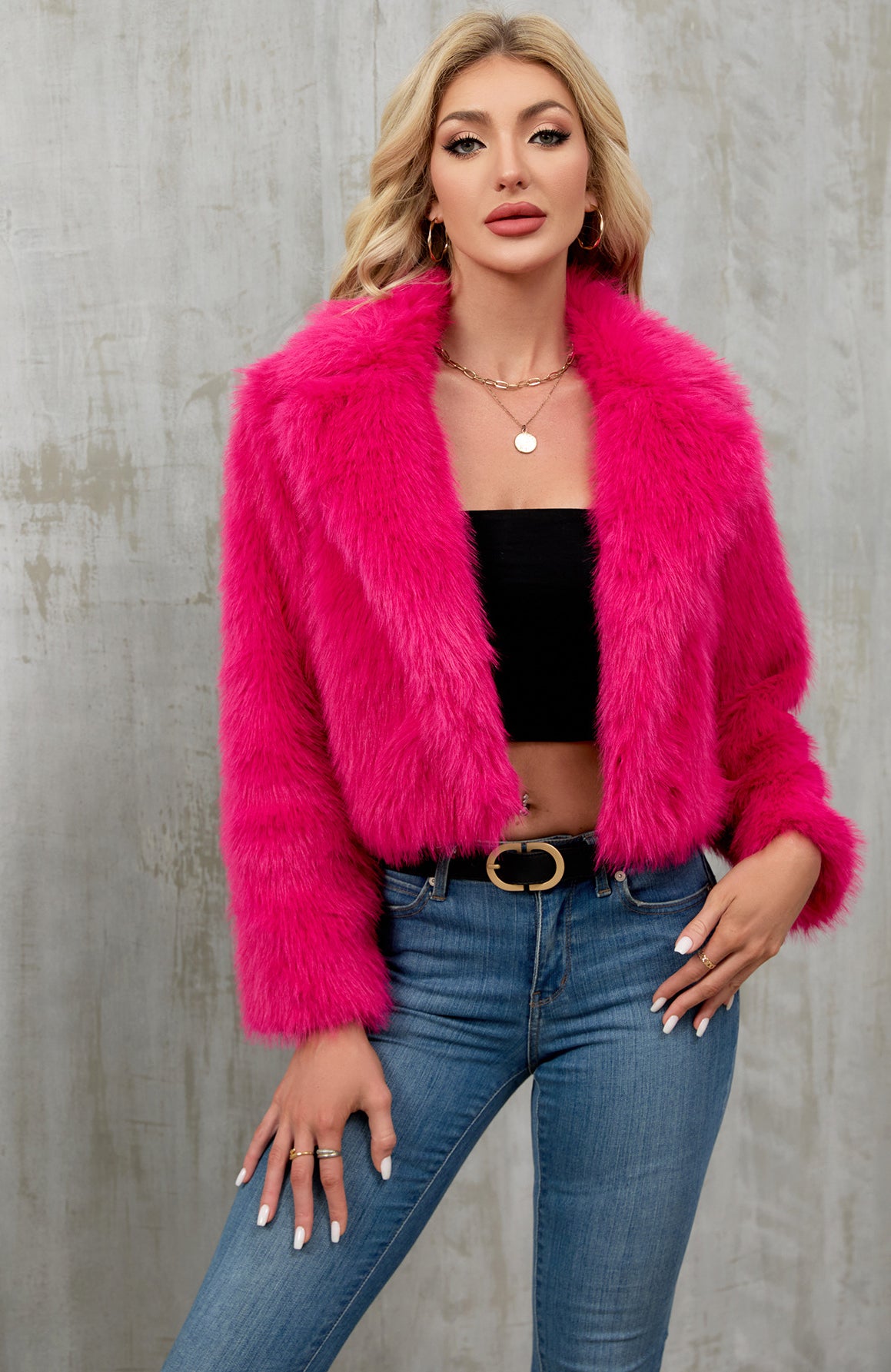 Vibrant pink faux fur cropped jacket in Langry fashion style