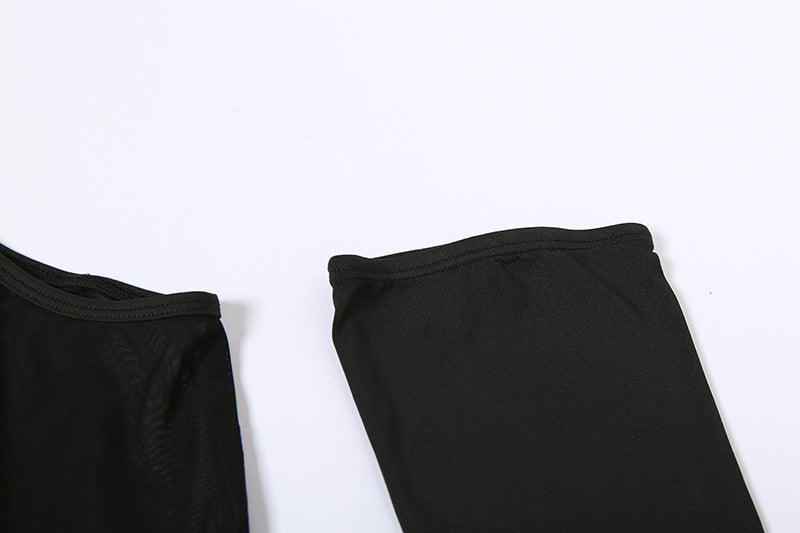 Round Neck See-through Mesh one Piece Slim Fit Patchwork Opera Glove t Shirt