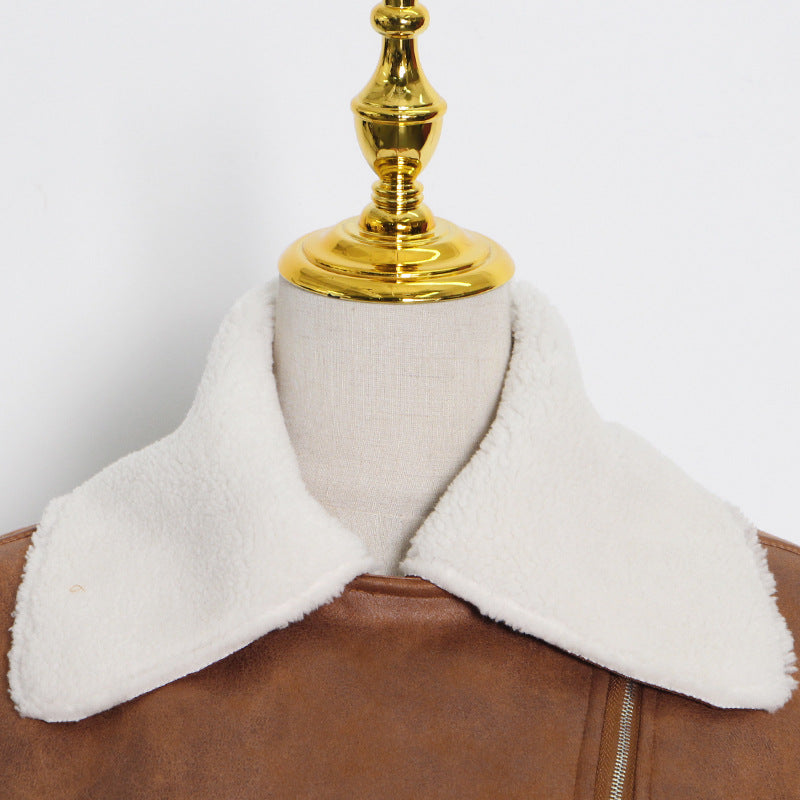 Brown lamb wool coat with white fur collar, stylish fashion ملابس for women