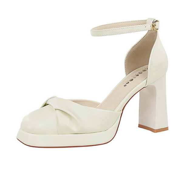 Langry fashion cream-colored high-heeled platform sandal with ankle strap and bow