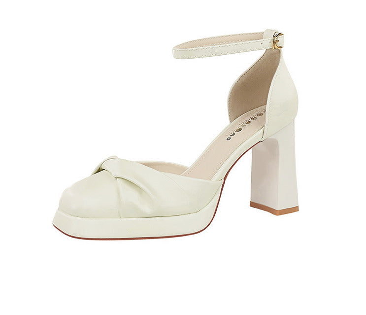 Langry fashion cream-colored high-heeled platform sandal with ankle strap and bow