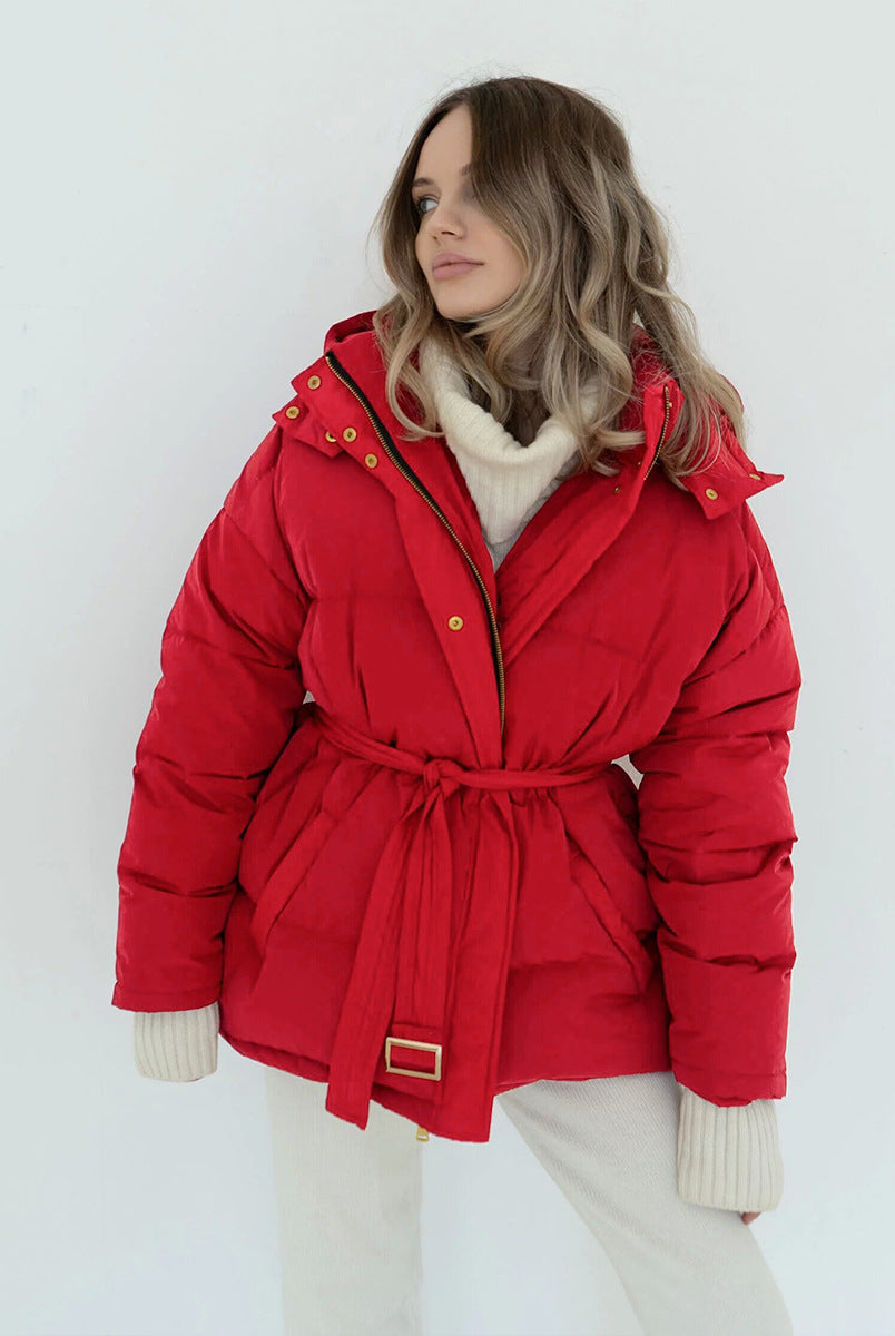 Red puffer jacket with belted waist and gold snaps, stylish ملابس for langry fashion