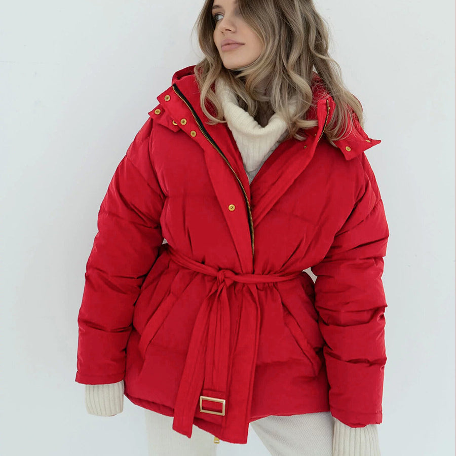 Red puffer jacket with belted waist and gold snaps, stylish ملابس for langry fashion