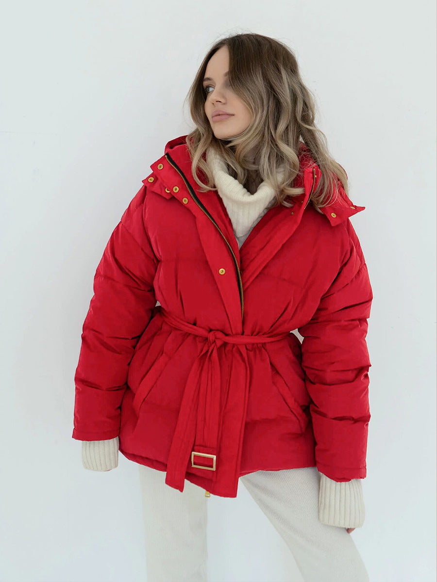 Red puffer jacket with belted waist and gold snaps, stylish ملابس for langry fashion