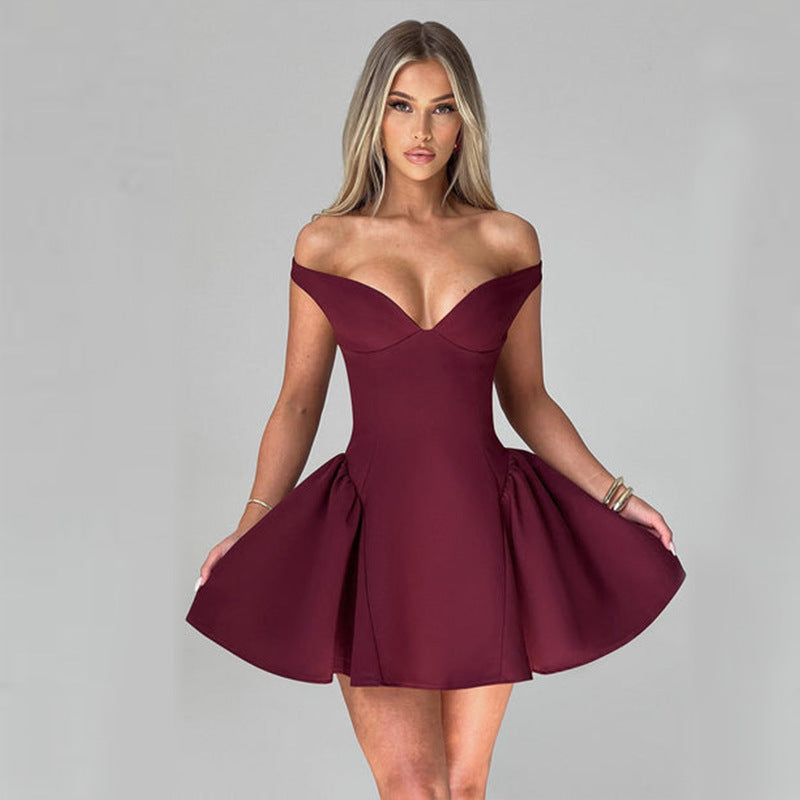 Burgundy off-the-shoulder mini dress from Gorgeous Low Cut Slim Dress, perfect for fashion and ملابس enthusiasts