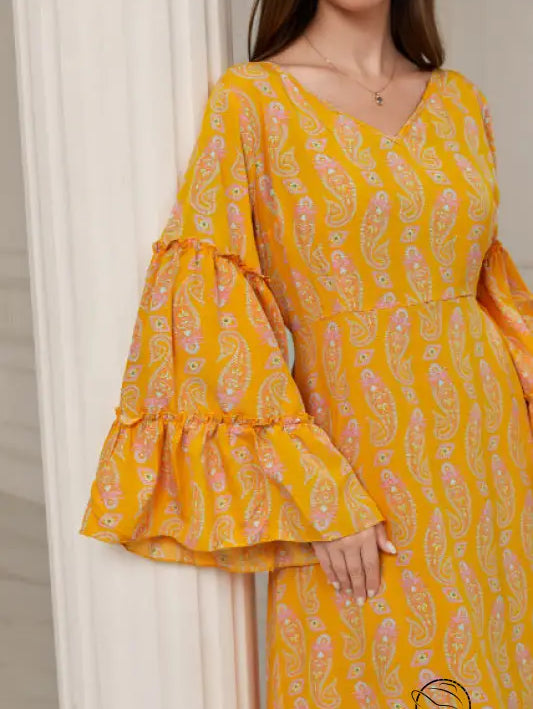 Elegant casual bell sleeve dress in vibrant yellow with pink paisley fashion