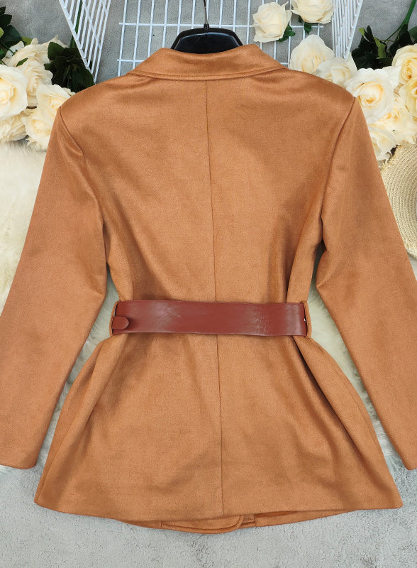Langry fashion brown satin peplum jacket with leather belt for autumn winter