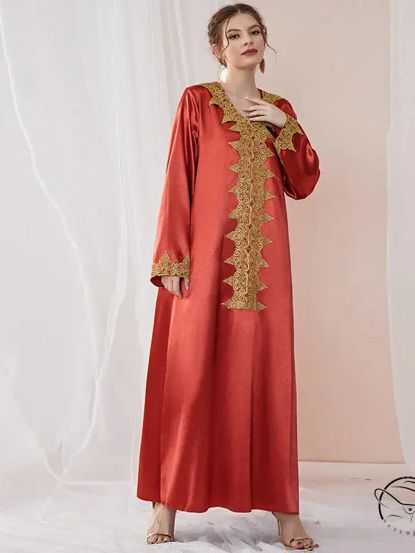 Elegant embroidered langry fashion abaya in red satin with gold details