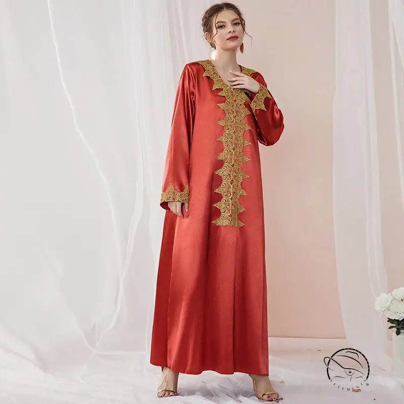 Elegant embroidered langry fashion abaya in red satin with gold details