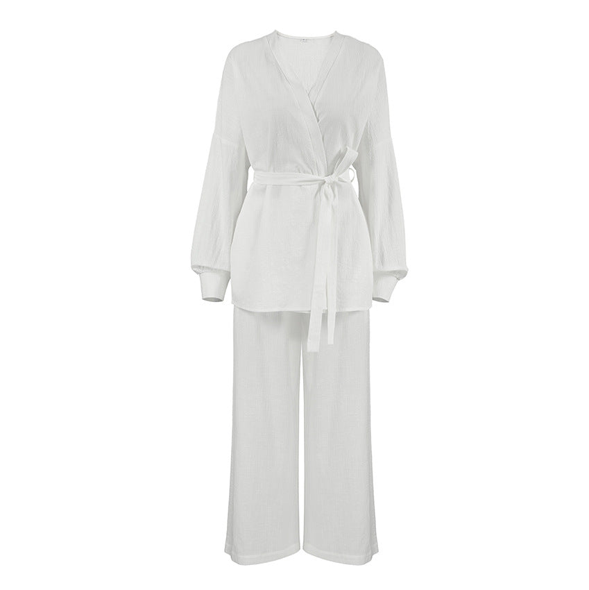 White two-piece long-sleeved cotton linen pajamas set with tie-waist for ultimate comfort