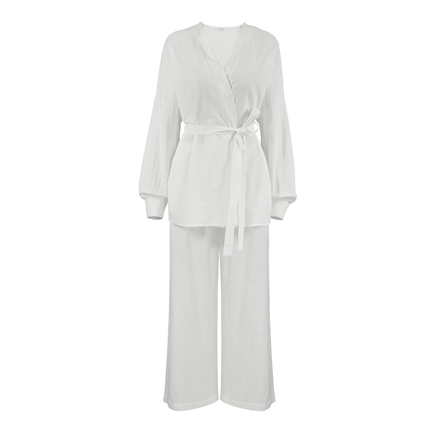 White two-piece long-sleeved cotton linen pajamas set with tie-waist for ultimate comfort