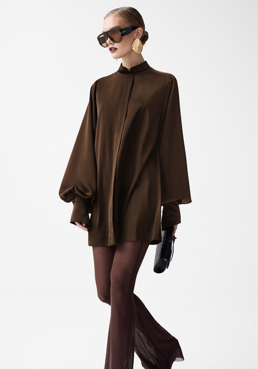 Sleek langry fashion brown satin blouse with high collar and voluminous sleeves