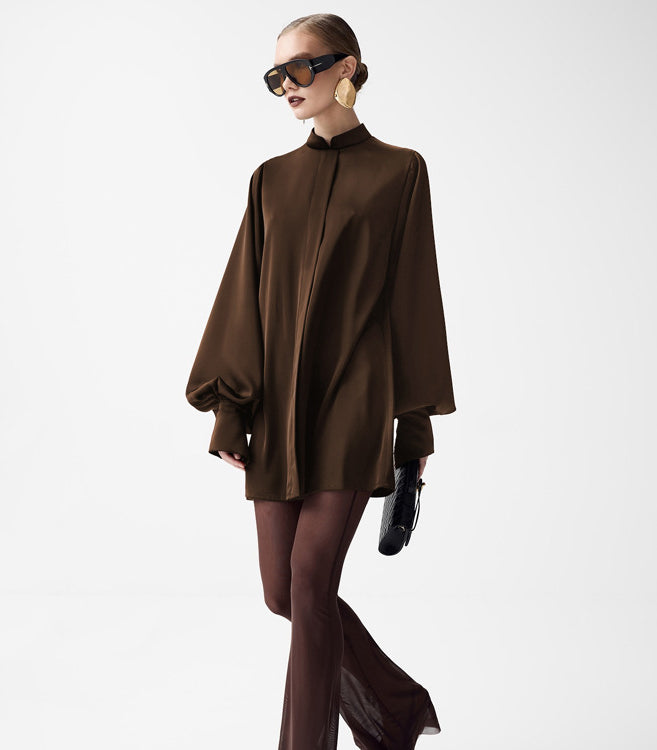 Sleek langry fashion brown satin blouse with high collar and voluminous sleeves
