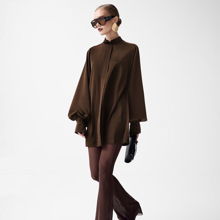 Sleek langry fashion brown satin blouse with high collar and voluminous sleeves