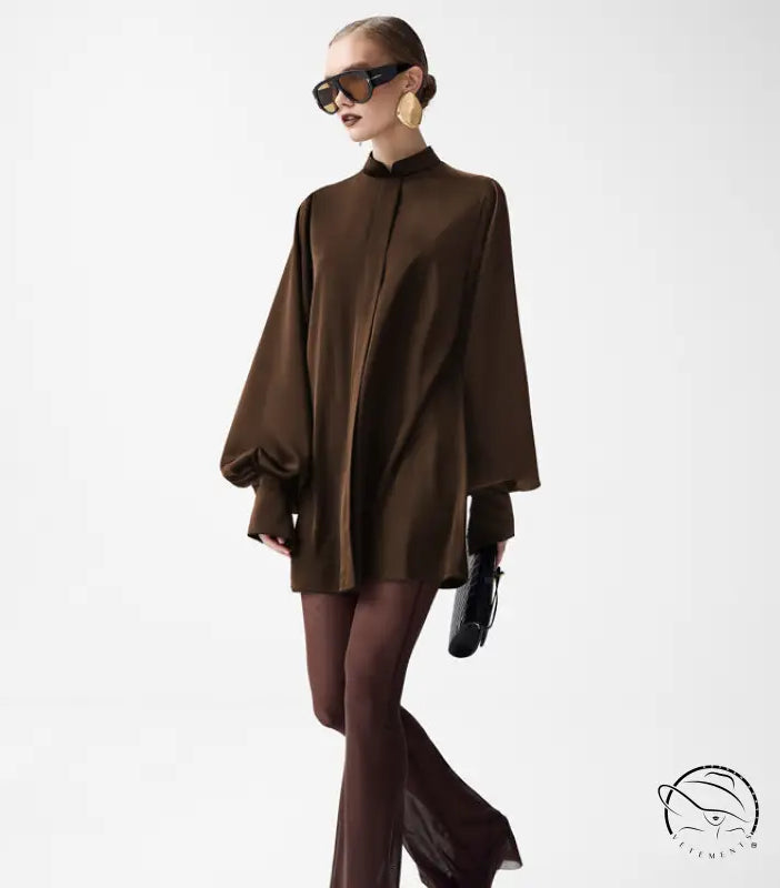 Beautiful lace up A-line short dress with brown satin blouse