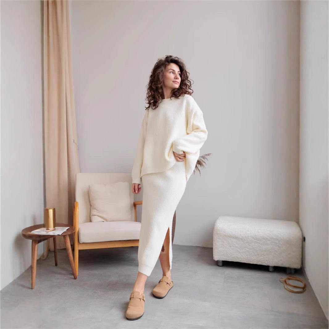 Woman in cream knit skirt and sweater set from Elegant Design Cardigan Knitted Skirt Sets