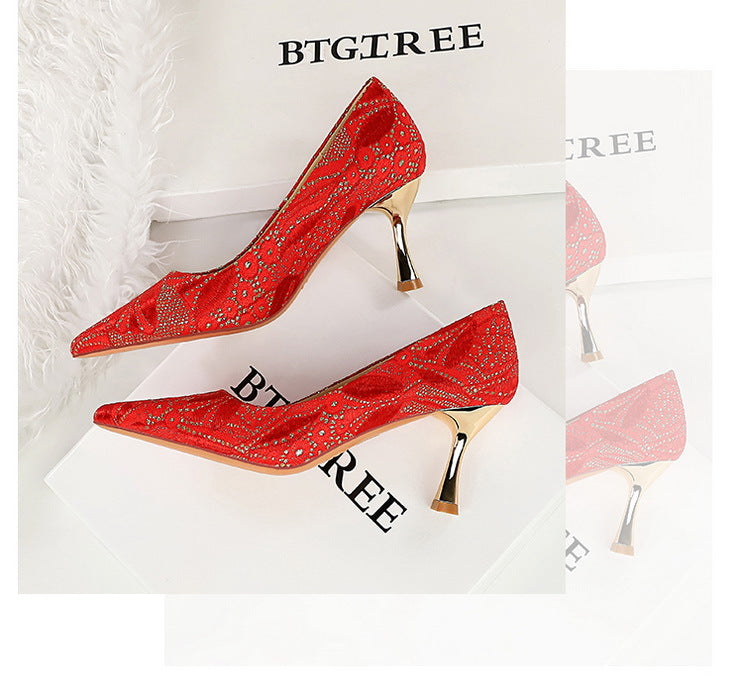 Langry fashion red glitter mid heel pumps with gold accents and tassels