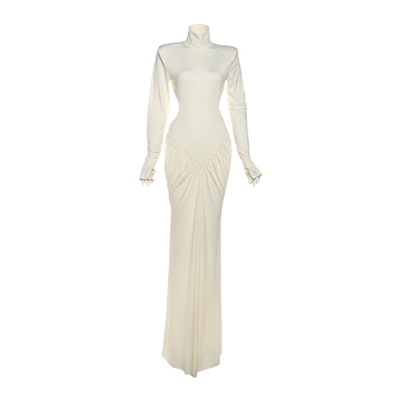 Cream-colored high collar maxi dress with draped bodice