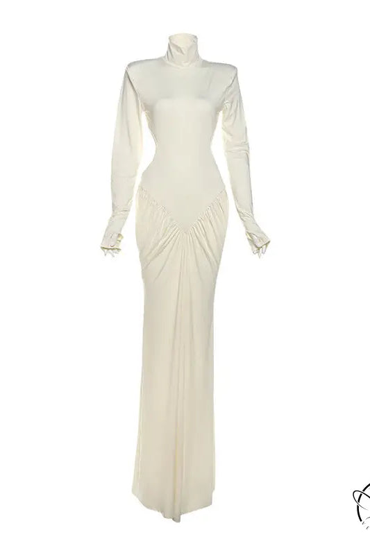 Beautiful high collar maxi dress in cream with draped bodice
