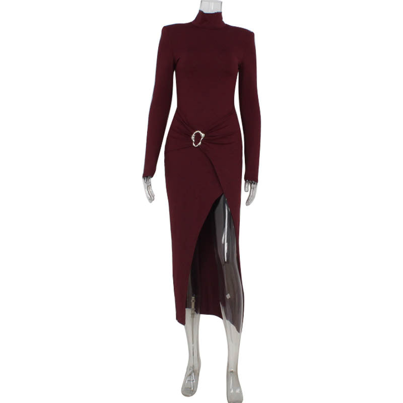 Burgundy Enchantress Dress featuring a side slit and decorative buckle detail in langry fashion