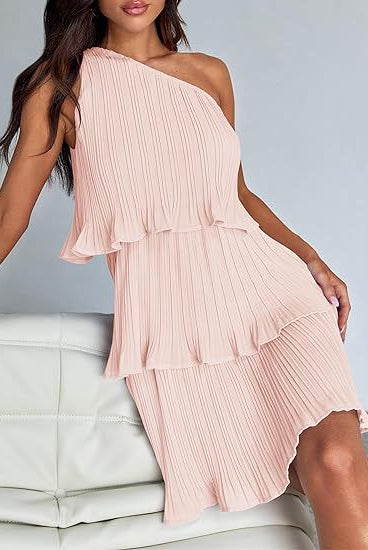 Pink layered stitching pleated dress highlighting stunning shoulder design and elegant style