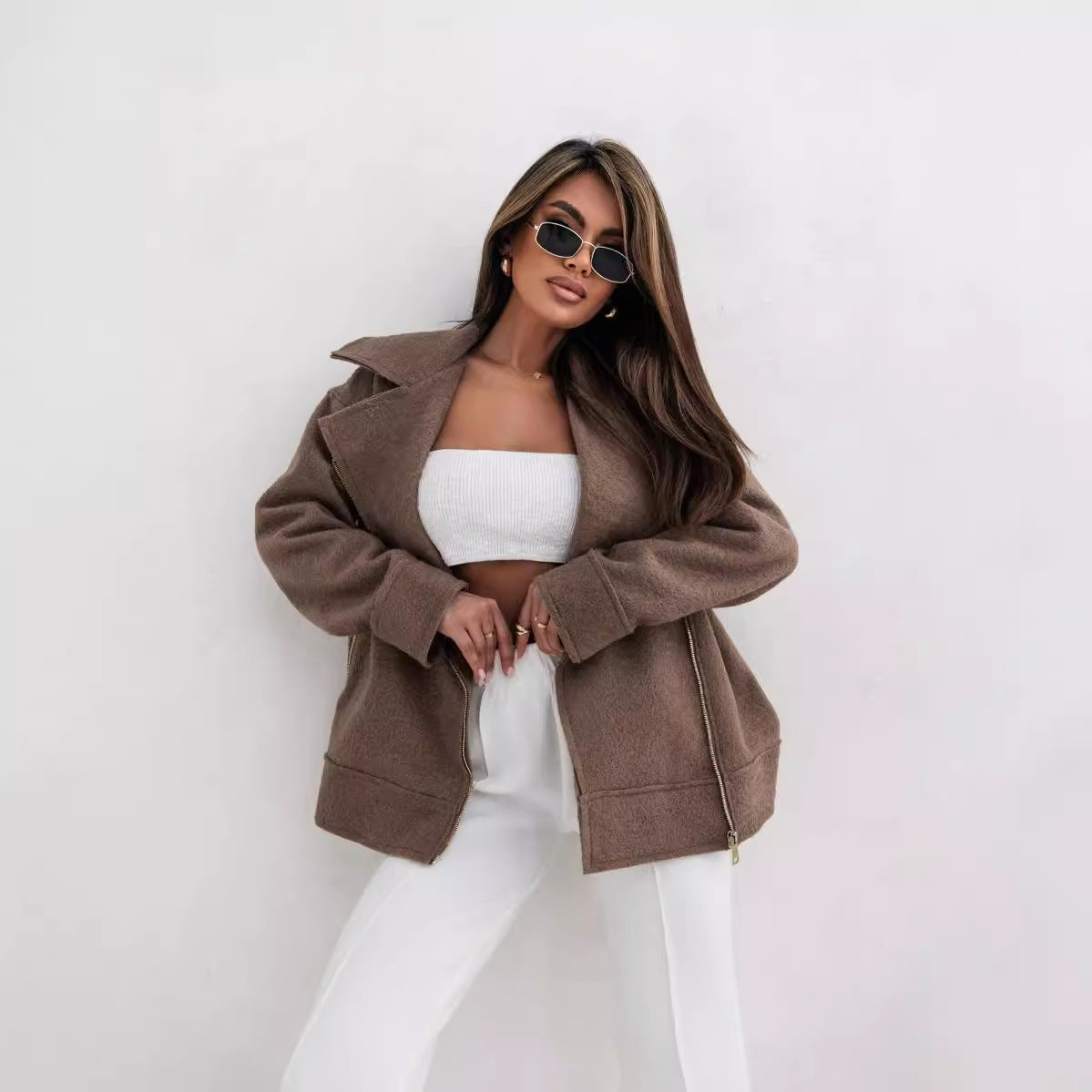 Stylish brown Collared Woolen Brushed Zipper Coat for modern fashion enthusiasts