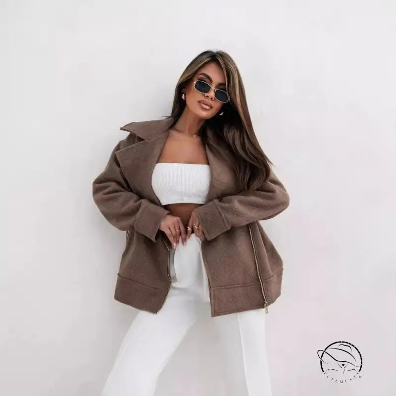 Stylish langry collared woolen brushed zipper coat in brown fashion