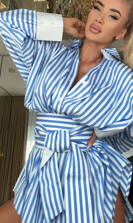 Blue and white striped shirt dress from Elegant Cardigan, perfect for stylish fashion looks