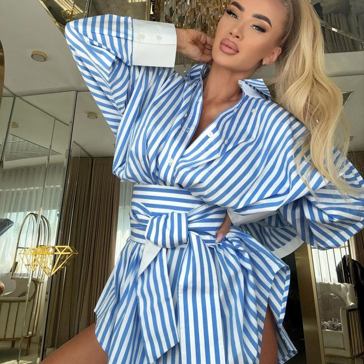 Blue and white striped shirt dress from Elegant Cardigan, perfect for stylish fashion looks