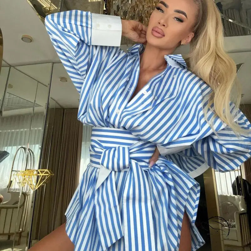Elegant cardigan shirt dress in blue and white stripes