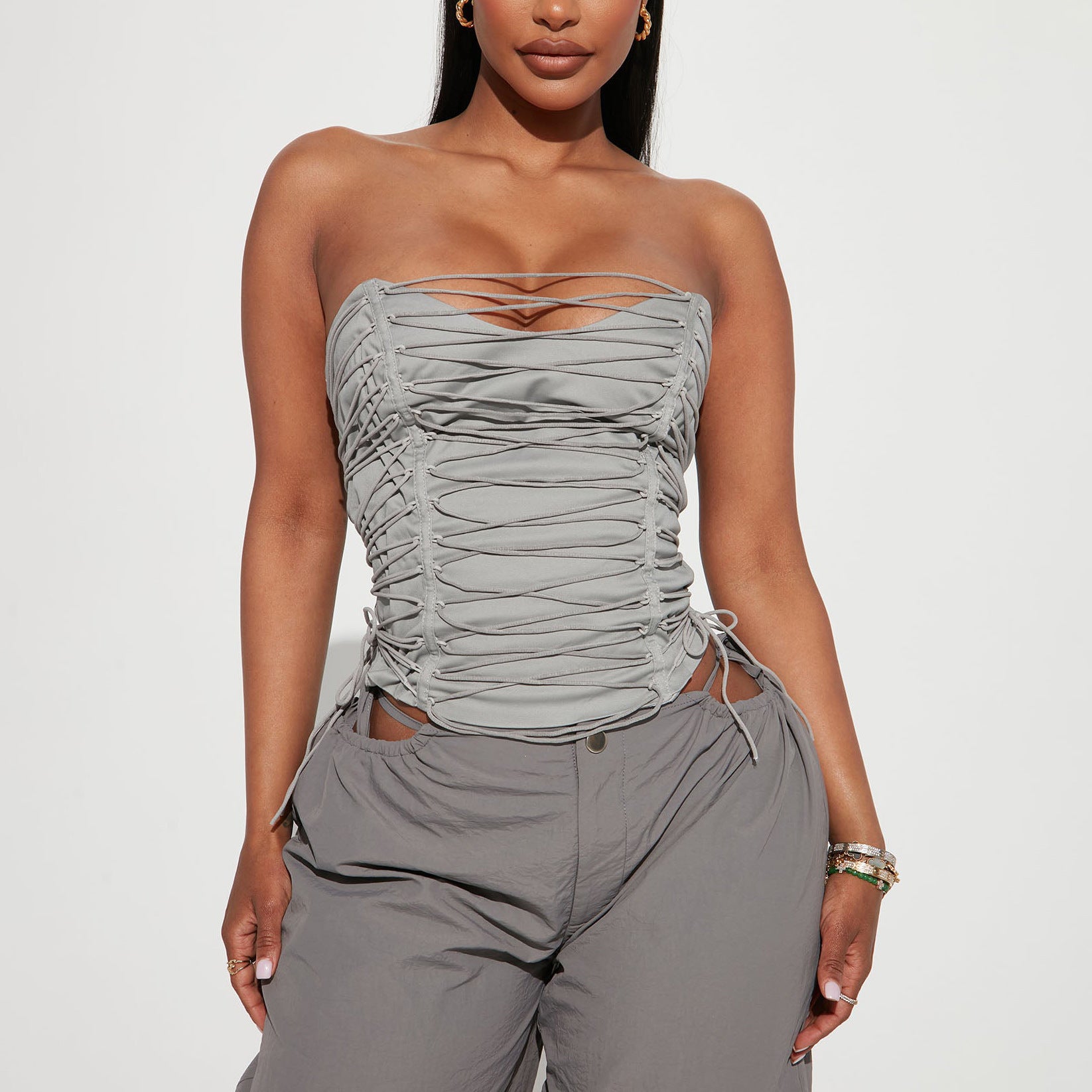 Gray lace-up strapless corset vest with silver hardware in langry fashion