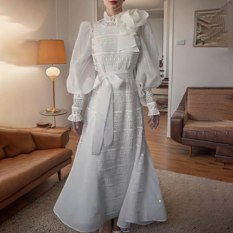 Elegant white lace dress featuring lantern sleeves and floral stitching for women’s fashion