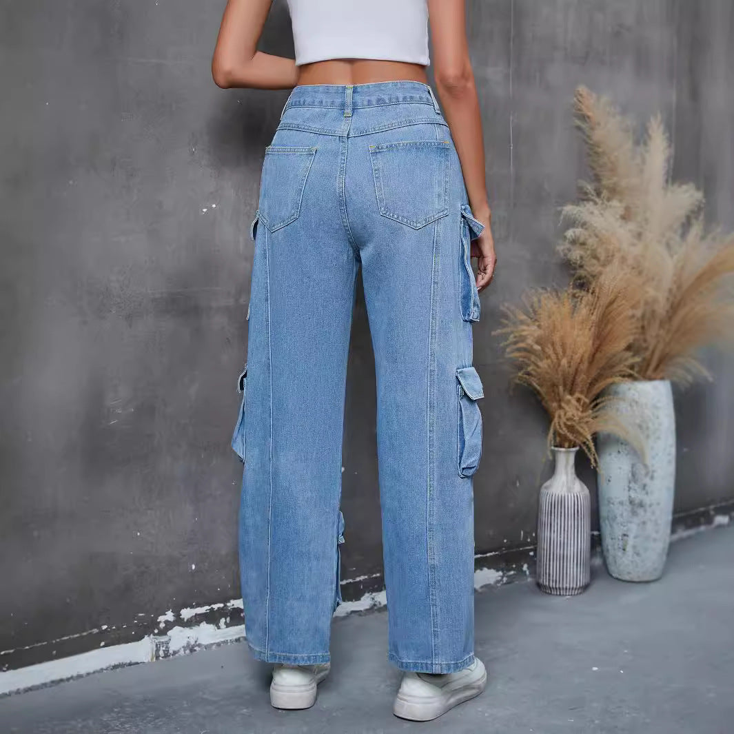 Light blue denim cargo pants from Langry for stylish women’s fall winter fashion ملابس