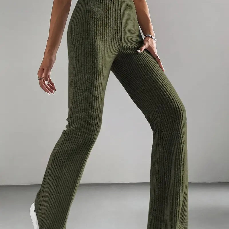 Casual knitted ribbed flare-leg high-waisted olive green match pants for women