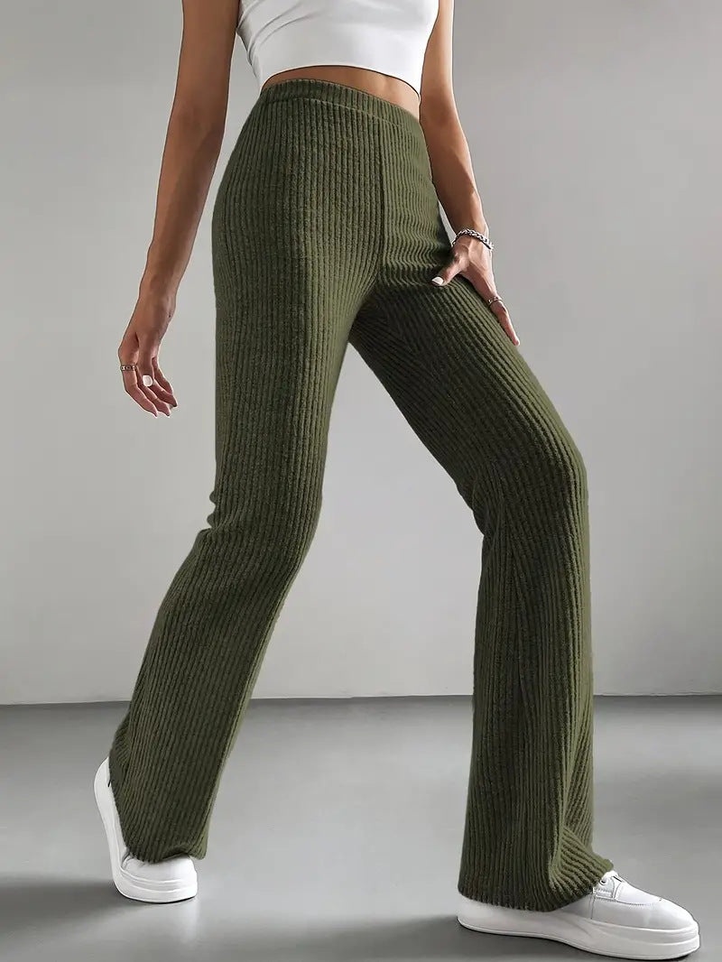 Casual knitted ribbed flare-leg high-waisted olive green match pants for women