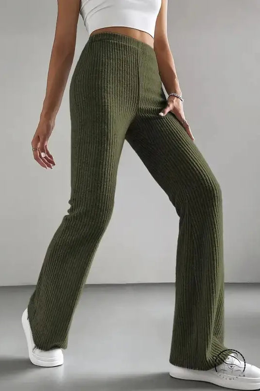 Casual knitted olive green ribbed flare-leg high-waisted match pants by Langry