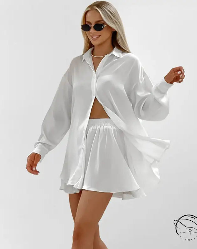 Soft two piece pajamas: white satin long-sleeved button-up shirt and shorts set