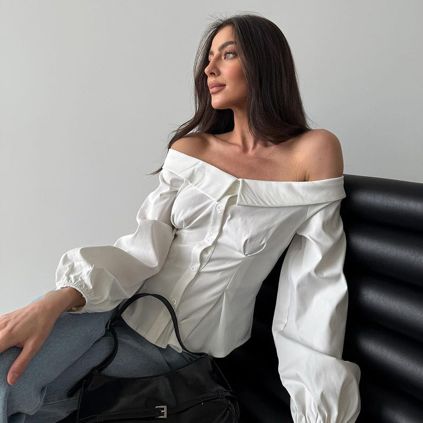 Elegant French off shoulder shirt in white with billowy sleeves for stylish fashion ملابس
